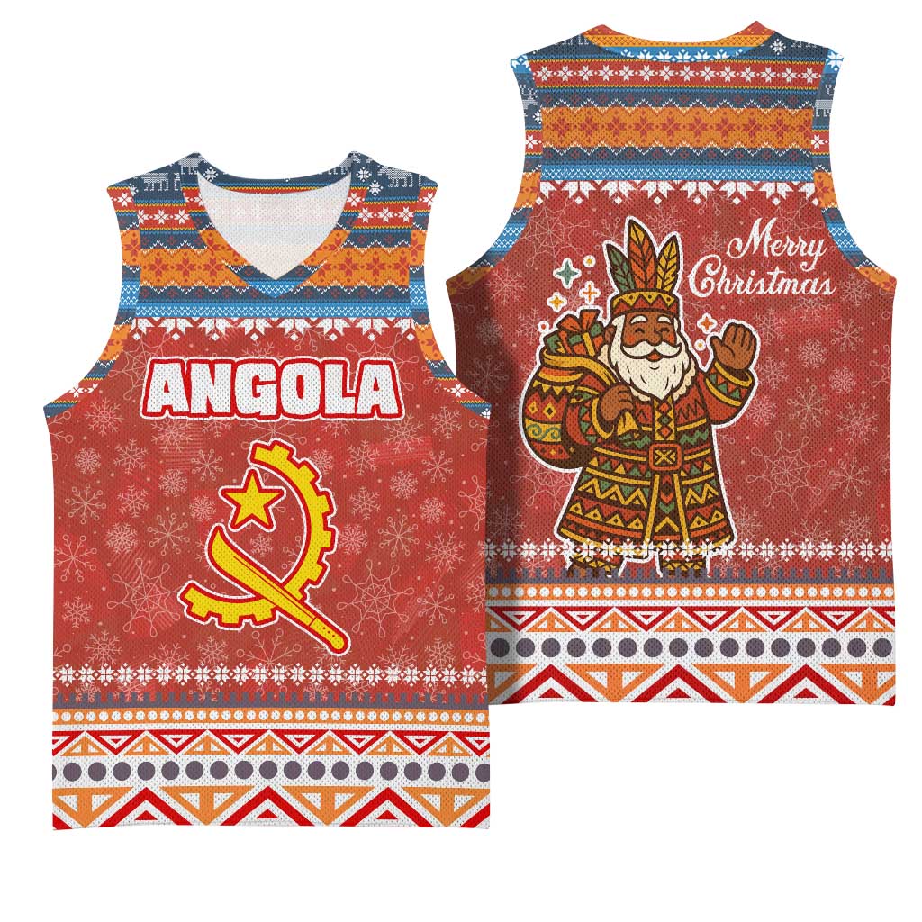Angola Christmas Basketball Jersey with Red Snowflake Pattern Tribal Santa Claus Motif - Wonder Print Shop