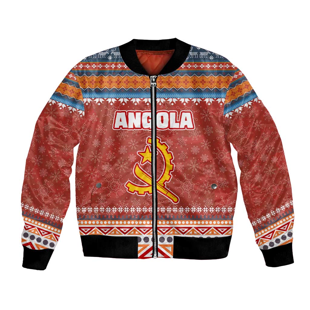 Angola Christmas Bomber Jacket with Red Snowflake Pattern Tribal Santa Claus Motif - Wonder Print Shop