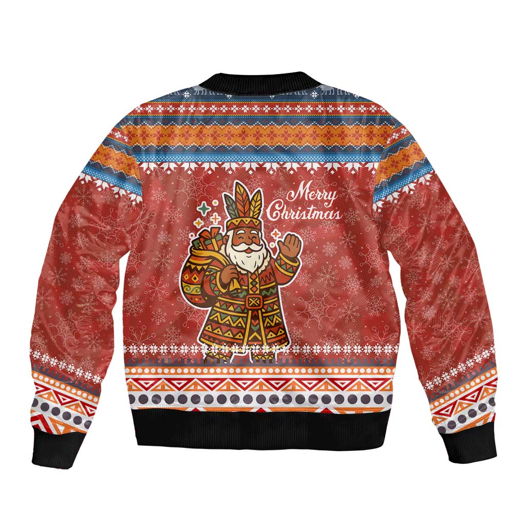 Angola Christmas Bomber Jacket with Red Snowflake Pattern Tribal Santa Claus Motif - Wonder Print Shop