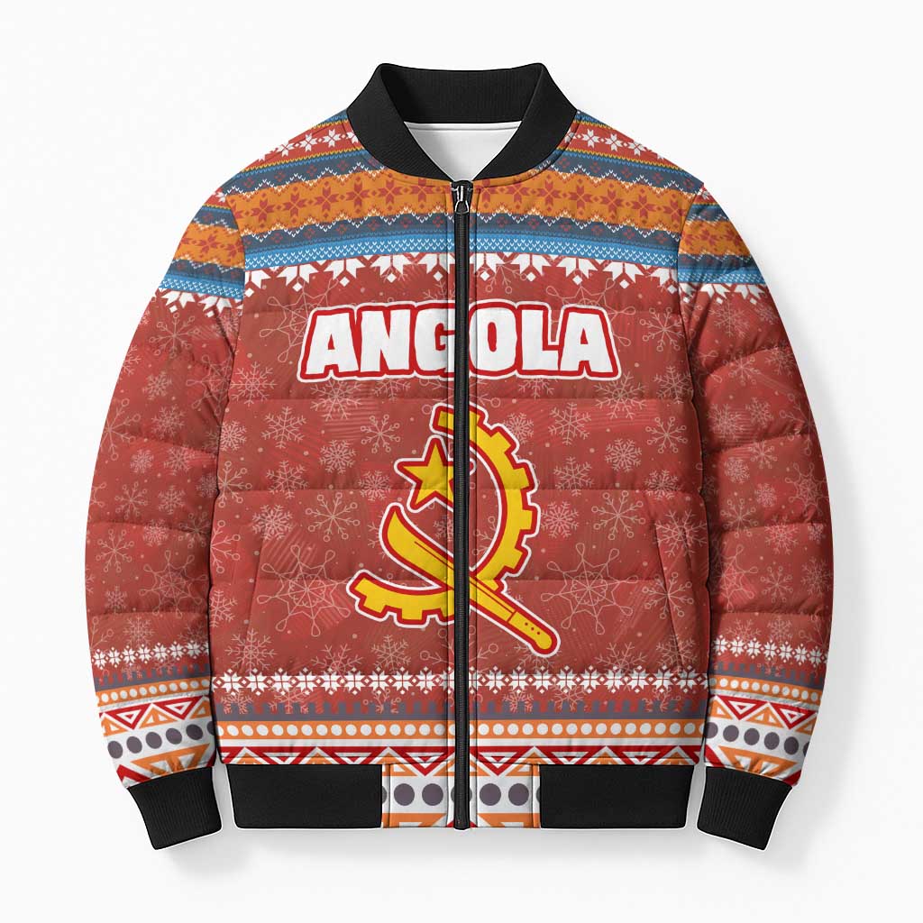 Angola Christmas Bomber Puffer Jacket with Red Snowflake Pattern Tribal Santa Claus Motif - Wonder Print Shop