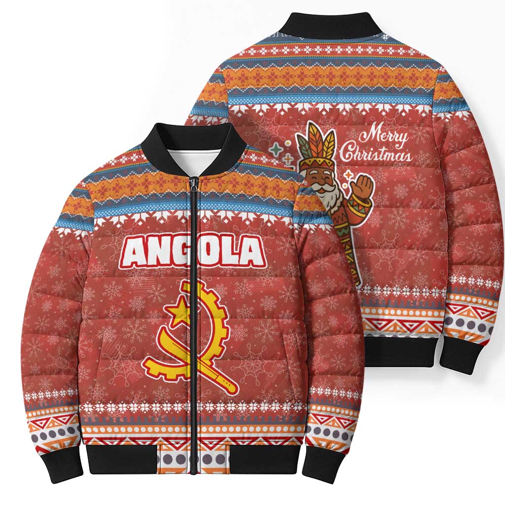 Angola Christmas Bomber Puffer Jacket with Red Snowflake Pattern Tribal Santa Claus Motif - Wonder Print Shop