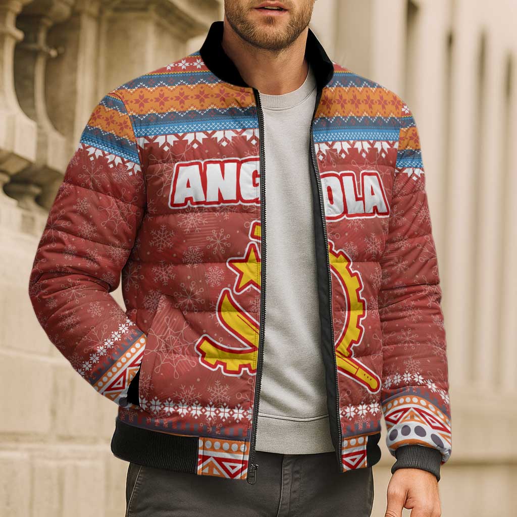 Angola Christmas Bomber Puffer Jacket with Red Snowflake Pattern Tribal Santa Claus Motif - Wonder Print Shop