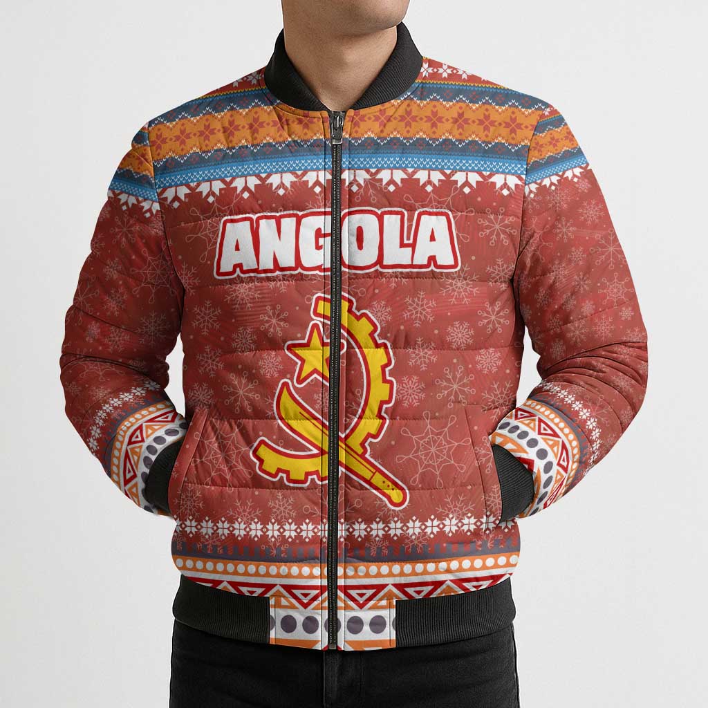 Angola Christmas Bomber Puffer Jacket with Red Snowflake Pattern Tribal Santa Claus Motif - Wonder Print Shop