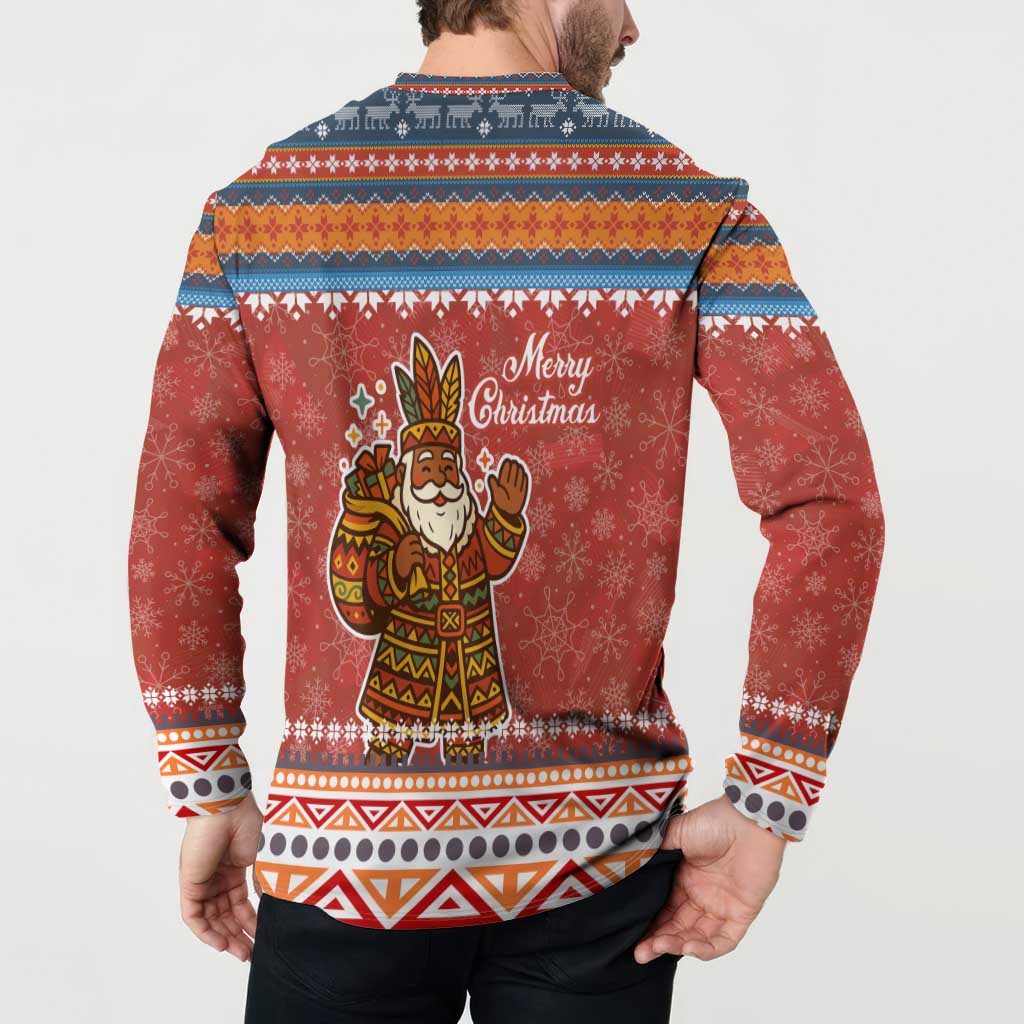 Angola Christmas Button Sweatshirt with Red Snowflake Pattern Tribal Santa Claus Motif - Wonder Print Shop
