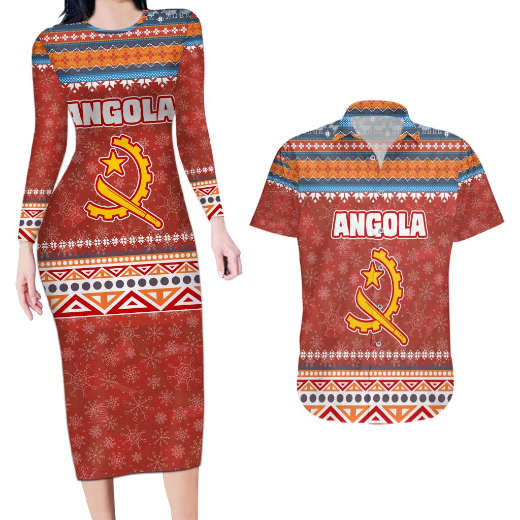 Angola Christmas Couples Matching Long Sleeve Bodycon Dress and Hawaiian Shirt with Red Snowflake Pattern Tribal Santa Claus Motif - Wonder Print Shop