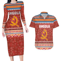 Angola Christmas Couples Matching Long Sleeve Bodycon Dress and Hawaiian Shirt with Red Snowflake Pattern Tribal Santa Claus Motif - Wonder Print Shop