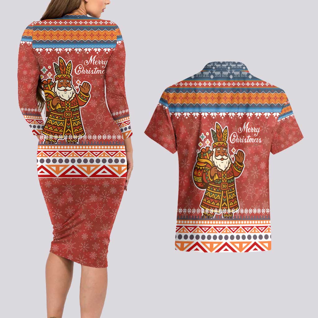 Angola Christmas Couples Matching Long Sleeve Bodycon Dress and Hawaiian Shirt with Red Snowflake Pattern Tribal Santa Claus Motif - Wonder Print Shop