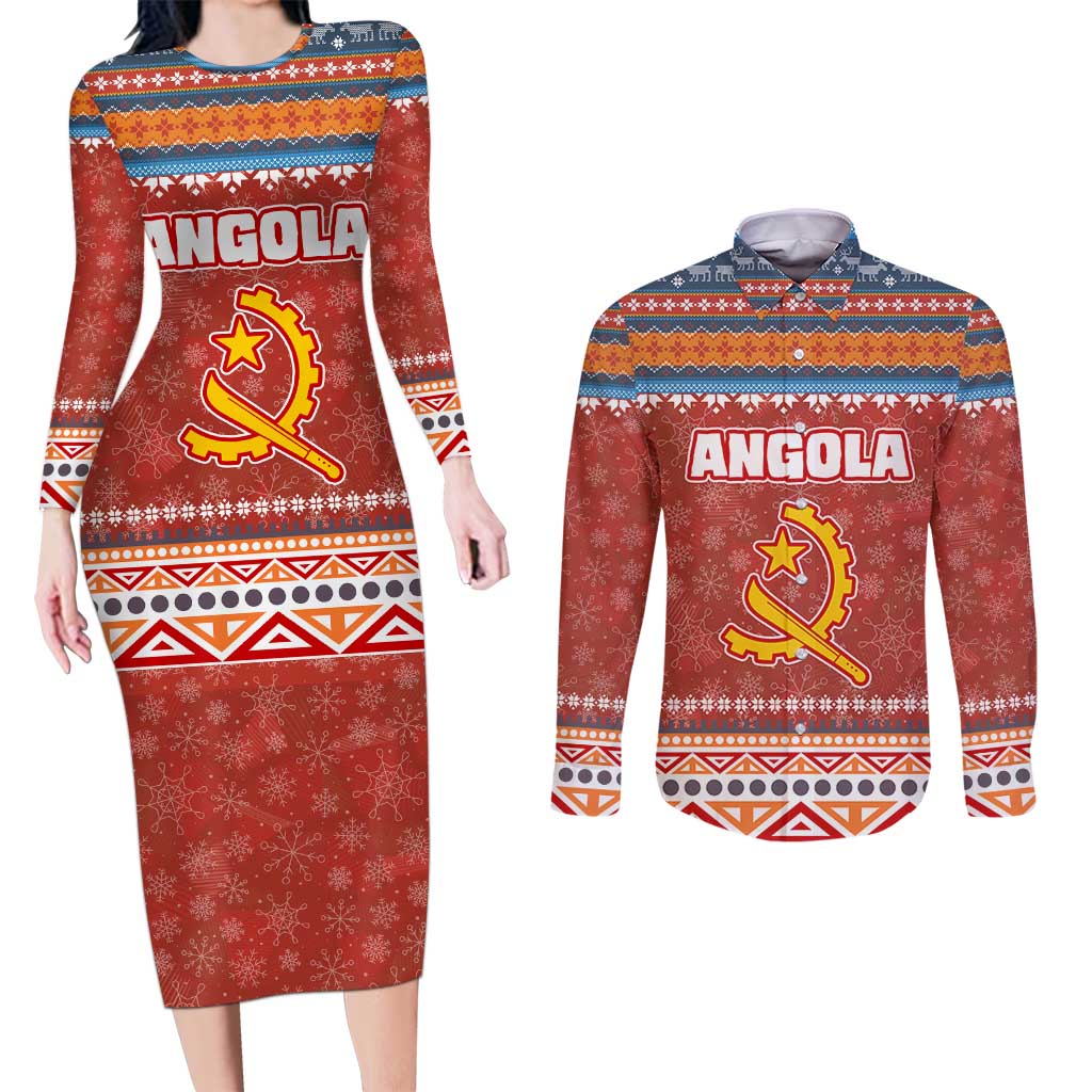 Angola Christmas Couples Matching Long Sleeve Bodycon Dress and Long Sleeve Button Shirt with Red Snowflake Pattern Tribal Santa Claus Motif - Wonder Print Shop