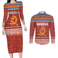 Angola Christmas Couples Matching Long Sleeve Bodycon Dress and Long Sleeve Button Shirt with Red Snowflake Pattern Tribal Santa Claus Motif - Wonder Print Shop