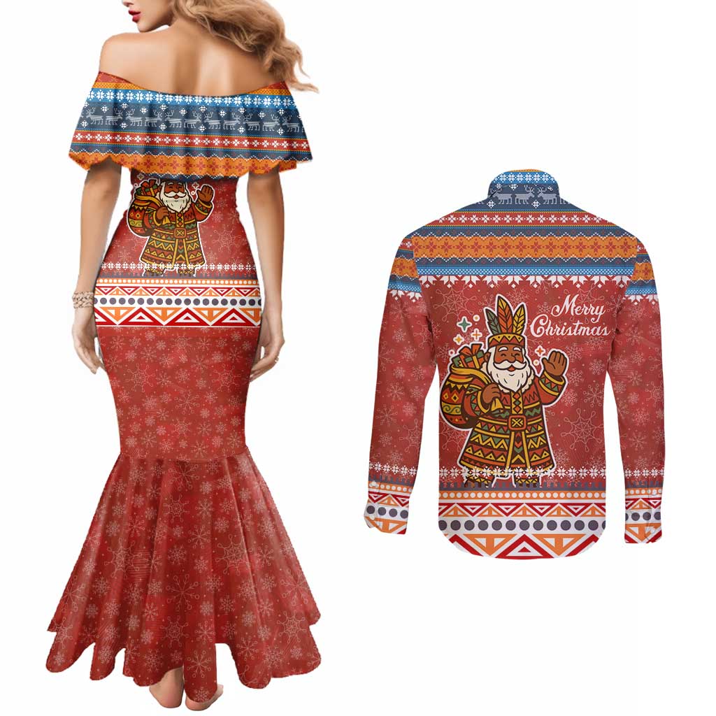 Angola Christmas Couples Matching Mermaid Dress and Long Sleeve Button Shirt with Red Snowflake Pattern Tribal Santa Claus Motif - Wonder Print Shop