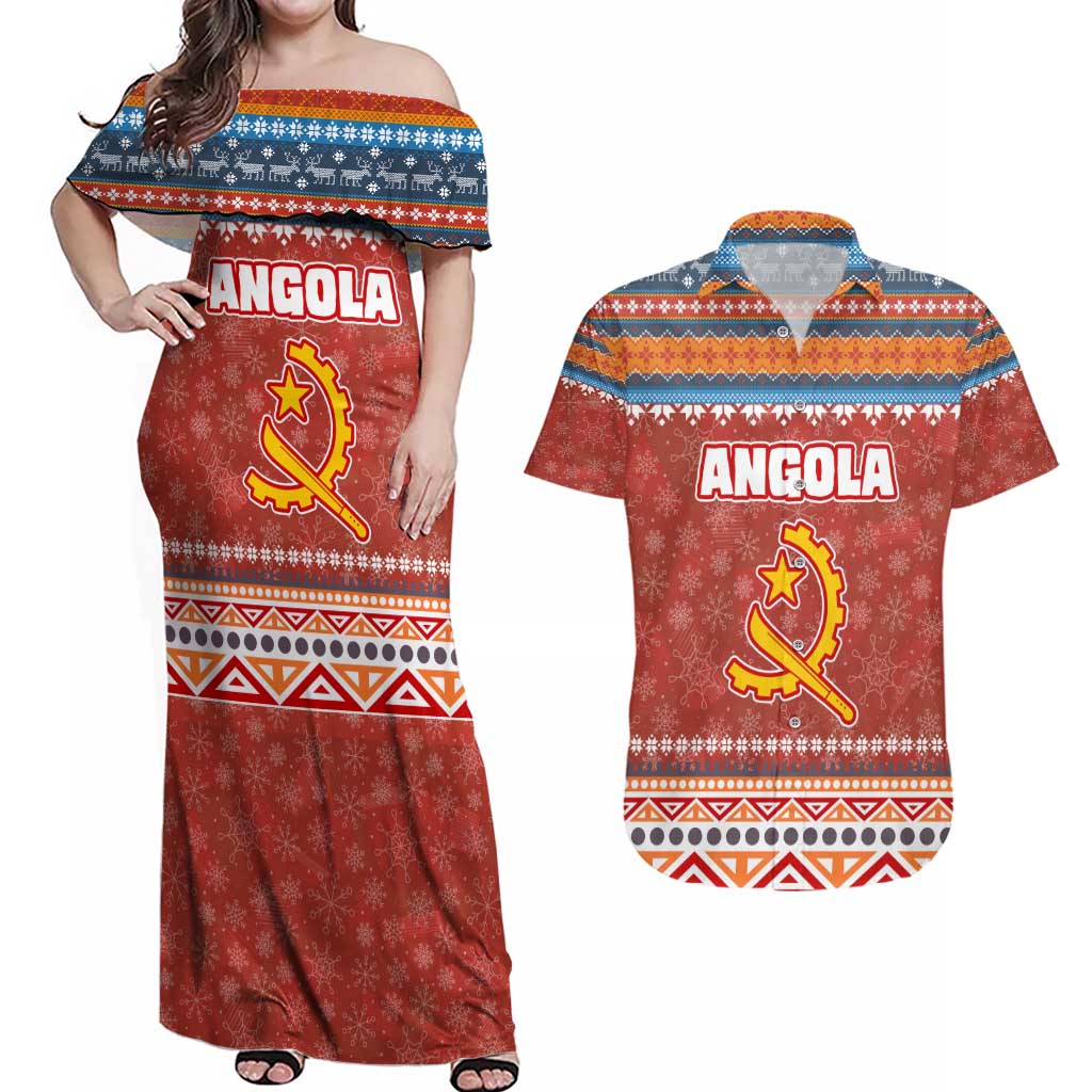 Angola Christmas Couples Matching Off Shoulder Maxi Dress and Hawaiian Shirt with Red Snowflake Pattern Tribal Santa Claus Motif - Wonder Print Shop