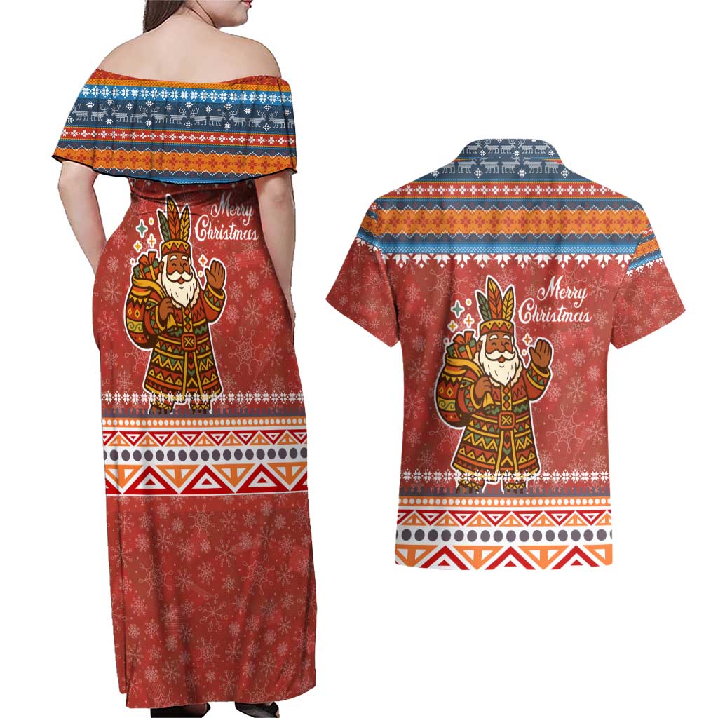 Angola Christmas Couples Matching Off Shoulder Maxi Dress and Hawaiian Shirt with Red Snowflake Pattern Tribal Santa Claus Motif - Wonder Print Shop