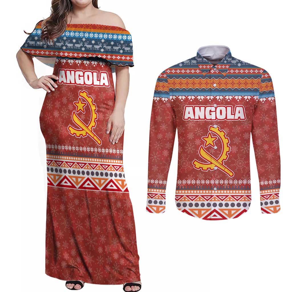 Angola Christmas Couples Matching Off Shoulder Maxi Dress and Long Sleeve Button Shirt with Red Snowflake Pattern Tribal Santa Claus Motif - Wonder Print Shop