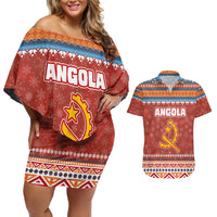 Angola Christmas Couples Matching Off Shoulder Short Dress and Hawaiian Shirt with Red Snowflake Pattern Tribal Santa Claus Motif - Wonder Print Shop