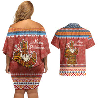 Angola Christmas Couples Matching Off Shoulder Short Dress and Hawaiian Shirt with Red Snowflake Pattern Tribal Santa Claus Motif - Wonder Print Shop