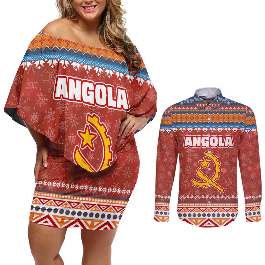 Angola Christmas Couples Matching Off Shoulder Short Dress and Long Sleeve Button Shirt with Red Snowflake Pattern Tribal Santa Claus Motif - Wonder Print Shop