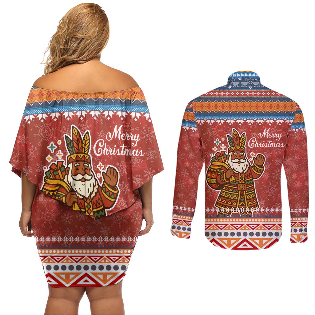 Angola Christmas Couples Matching Off Shoulder Short Dress and Long Sleeve Button Shirt with Red Snowflake Pattern Tribal Santa Claus Motif - Wonder Print Shop