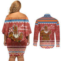 Angola Christmas Couples Matching Off Shoulder Short Dress and Long Sleeve Button Shirt with Red Snowflake Pattern Tribal Santa Claus Motif - Wonder Print Shop