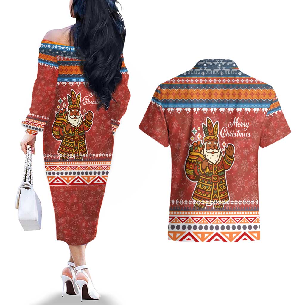 Angola Christmas Couples Matching Off The Shoulder Long Sleeve Dress and Hawaiian Shirt with Red Snowflake Pattern Tribal Santa Claus Motif - Wonder Print Shop