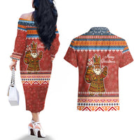 Angola Christmas Couples Matching Off The Shoulder Long Sleeve Dress and Hawaiian Shirt with Red Snowflake Pattern Tribal Santa Claus Motif - Wonder Print Shop