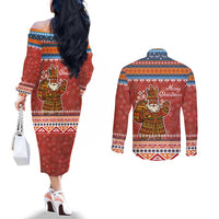 Angola Christmas Couples Matching Off The Shoulder Long Sleeve Dress and Long Sleeve Button Shirt with Red Snowflake Pattern Tribal Santa Claus Motif - Wonder Print Shop