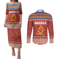 Angola Christmas Couples Matching Puletasi and Long Sleeve Button Shirt with Red Snowflake Pattern Tribal Santa Claus Motif - Wonder Print Shop