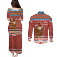 Angola Christmas Couples Matching Puletasi and Long Sleeve Button Shirt with Red Snowflake Pattern Tribal Santa Claus Motif - Wonder Print Shop