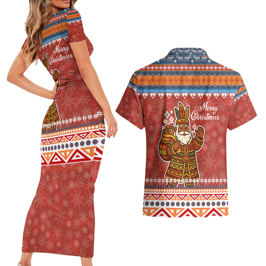 Angola Christmas Couples Matching Short Sleeve Bodycon Dress and Hawaiian Shirt with Red Snowflake Pattern Tribal Santa Claus Motif - Wonder Print Shop