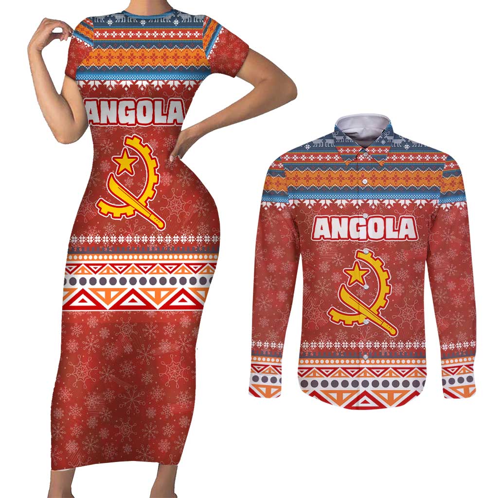 Angola Christmas Couples Matching Short Sleeve Bodycon Dress and Long Sleeve Button Shirt with Red Snowflake Pattern Tribal Santa Claus Motif - Wonder Print Shop