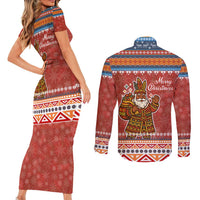 Angola Christmas Couples Matching Short Sleeve Bodycon Dress and Long Sleeve Button Shirt with Red Snowflake Pattern Tribal Santa Claus Motif - Wonder Print Shop