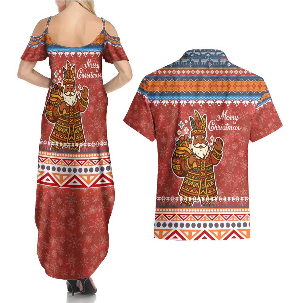 Angola Christmas Couples Matching Summer Maxi Dress and Hawaiian Shirt with Red Snowflake Pattern Tribal Santa Claus Motif - Wonder Print Shop