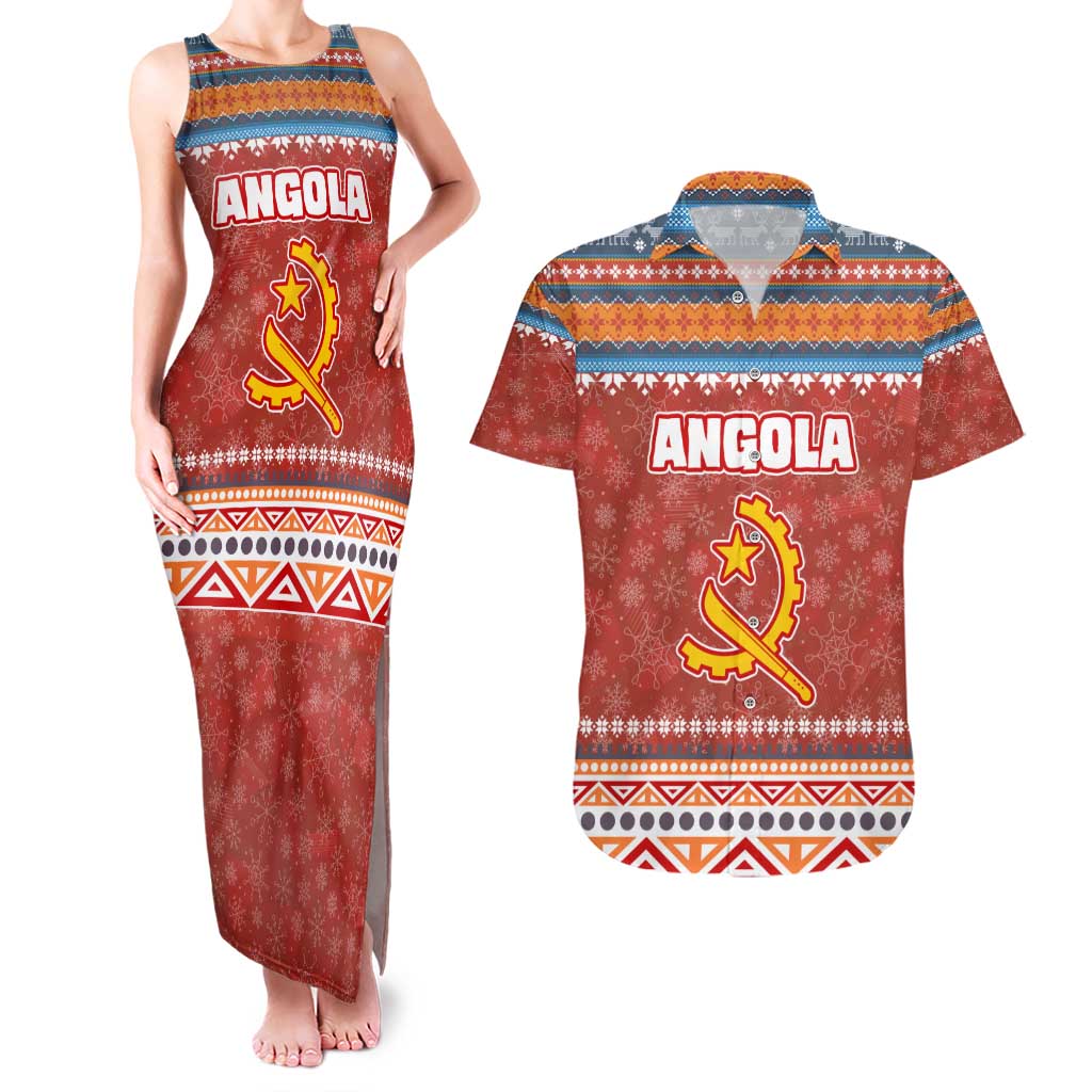 Angola Christmas Couples Matching Tank Maxi Dress and Hawaiian Shirt with Red Snowflake Pattern Tribal Santa Claus Motif - Wonder Print Shop