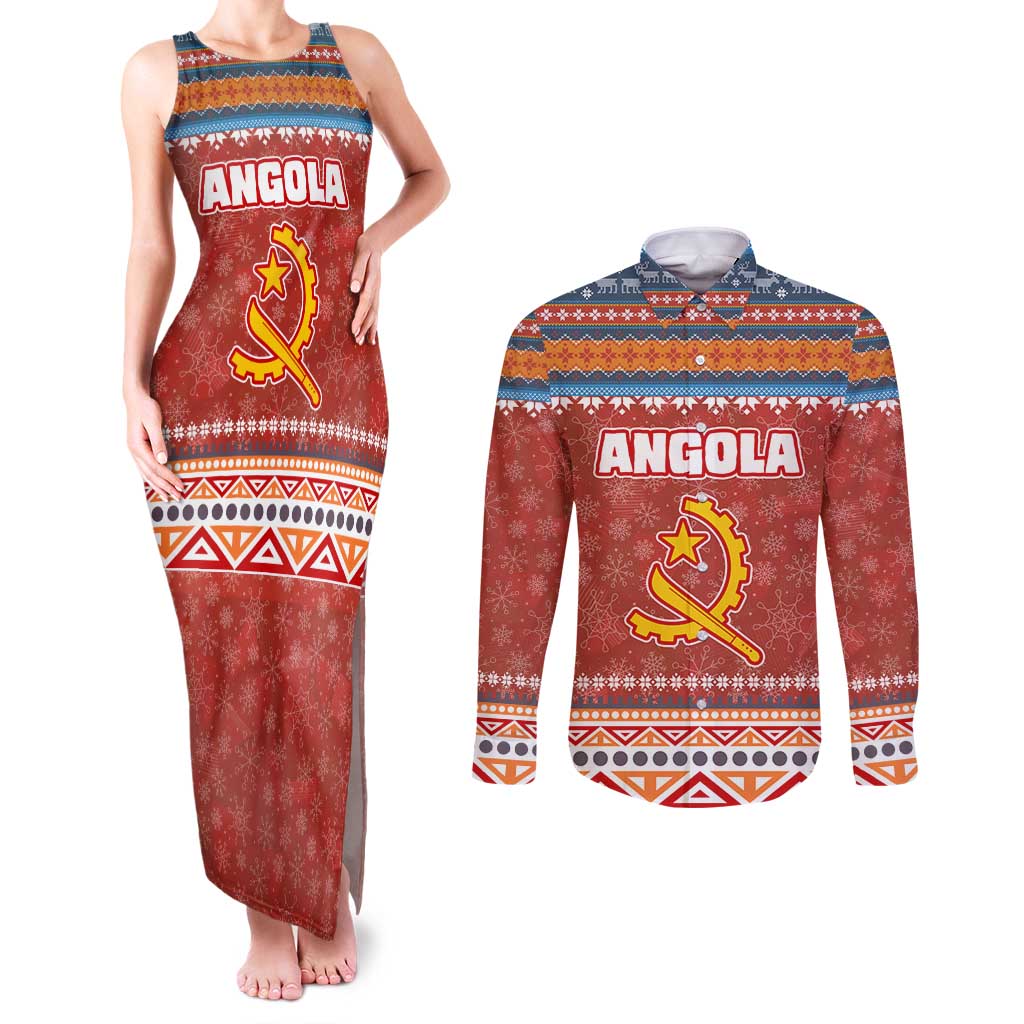Angola Christmas Couples Matching Tank Maxi Dress and Long Sleeve Button Shirt with Red Snowflake Pattern Tribal Santa Claus Motif - Wonder Print Shop