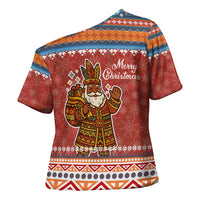 Angola Christmas Cross Shoulder Shirt with Red Snowflake Pattern Tribal Santa Claus Motif - Wonder Print Shop