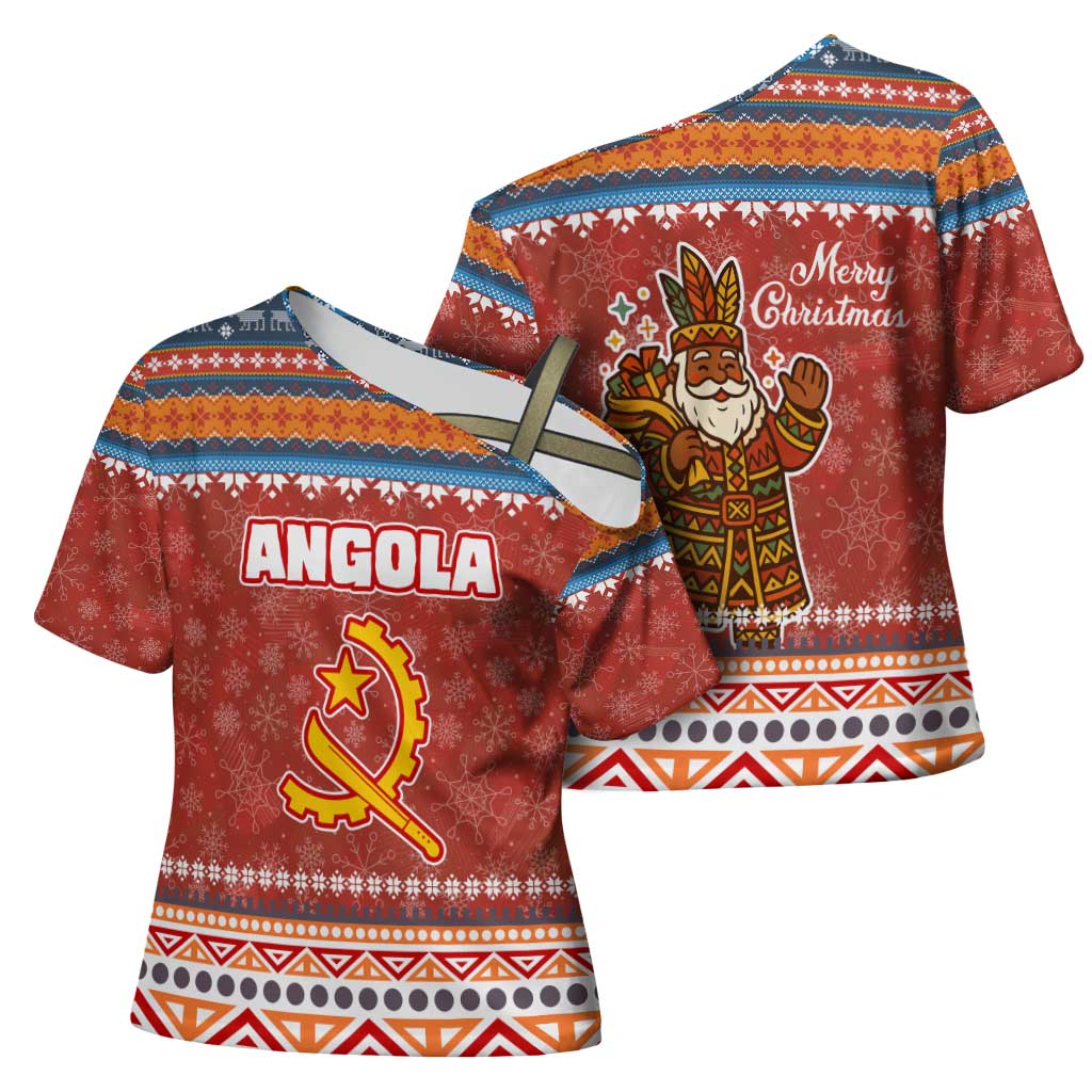 Angola Christmas Cross Shoulder Shirt with Red Snowflake Pattern Tribal Santa Claus Motif - Wonder Print Shop