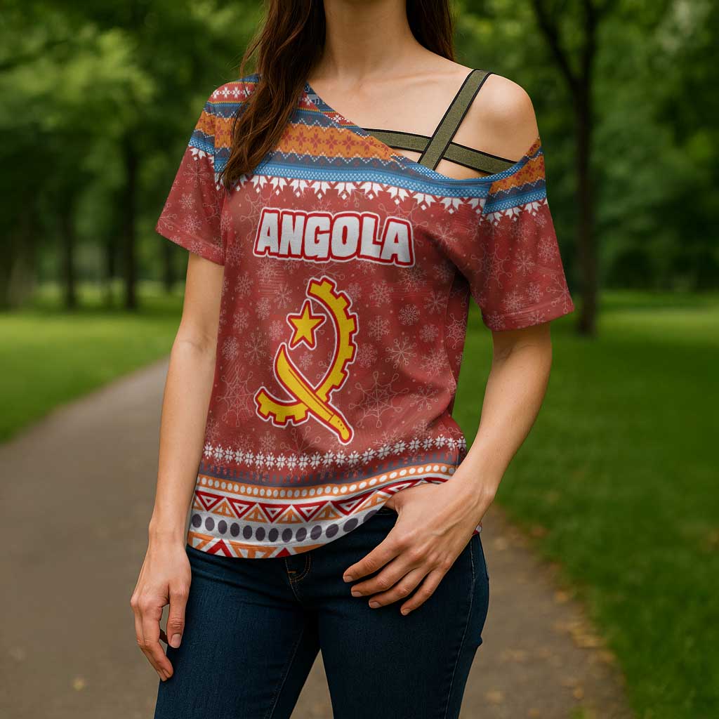 Angola Christmas Cross Shoulder Shirt with Red Snowflake Pattern Tribal Santa Claus Motif - Wonder Print Shop