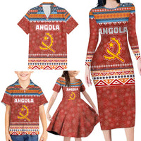 Angola Christmas Family Matching Long Sleeve Bodycon Dress and Hawaiian Shirt with Red Snowflake Pattern Tribal Santa Claus Motif - Wonder Print Shop