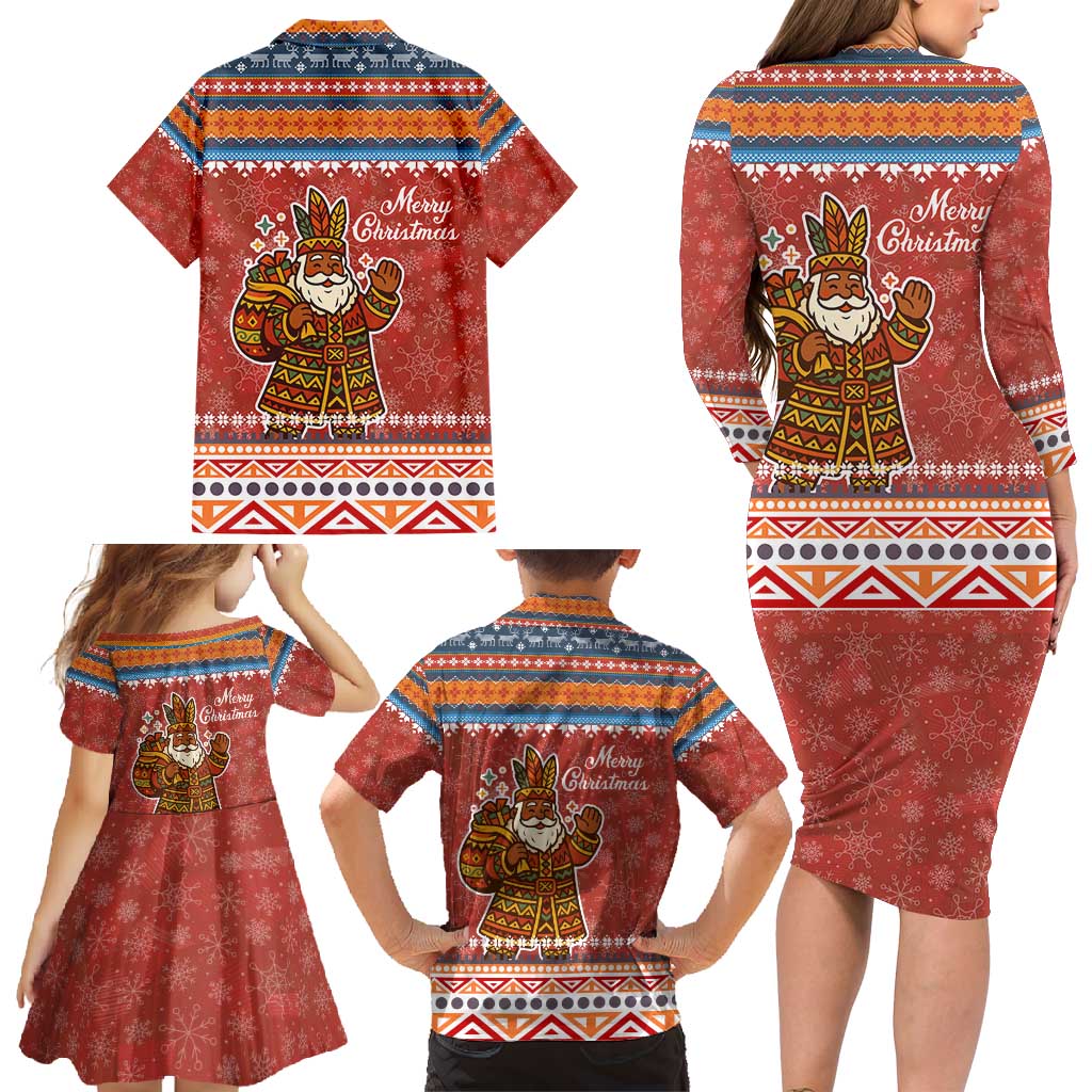 Angola Christmas Family Matching Long Sleeve Bodycon Dress and Hawaiian Shirt with Red Snowflake Pattern Tribal Santa Claus Motif - Wonder Print Shop
