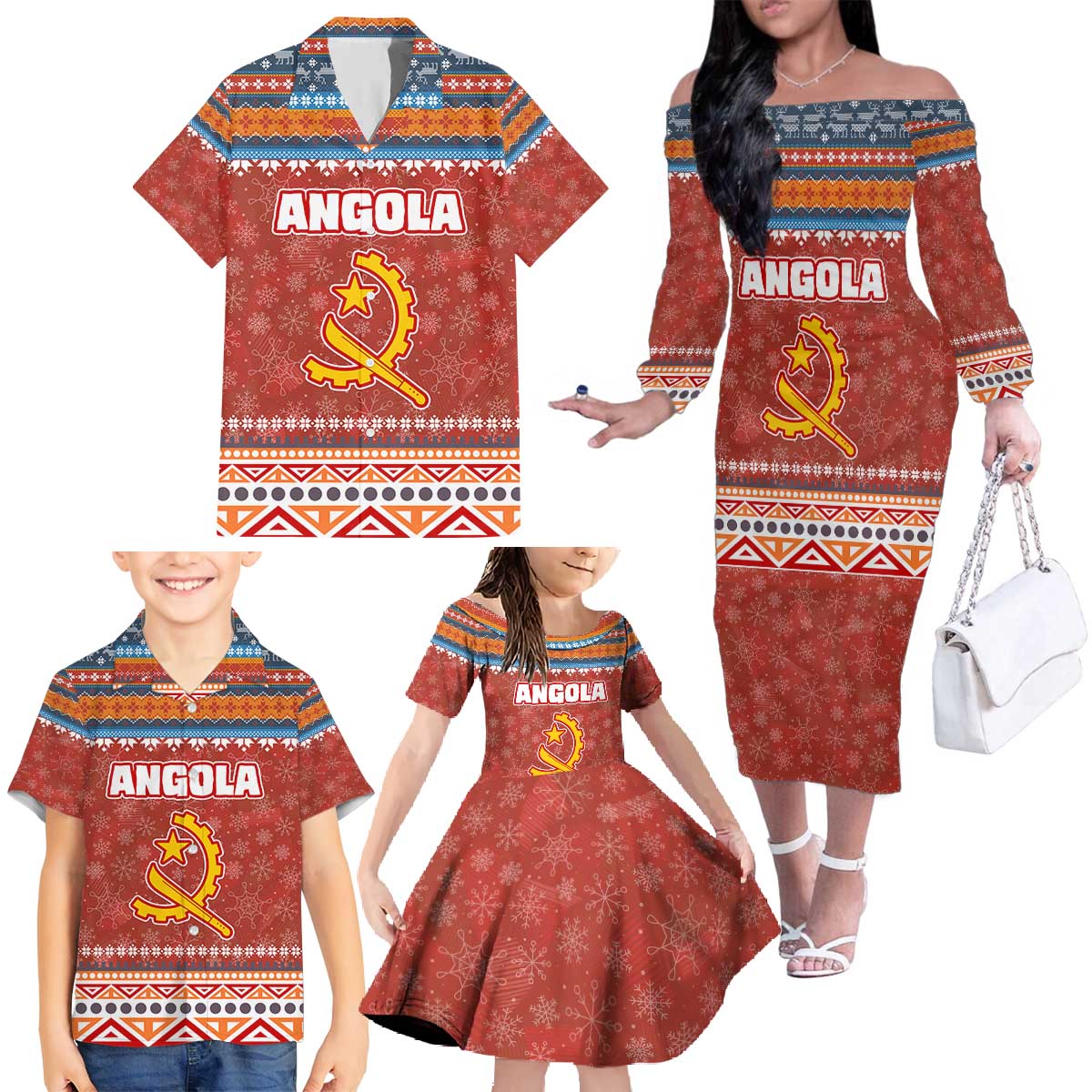 Angola Christmas Family Matching Off The Shoulder Long Sleeve Dress and Hawaiian Shirt with Red Snowflake Pattern Tribal Santa Claus Motif - Wonder Print Shop