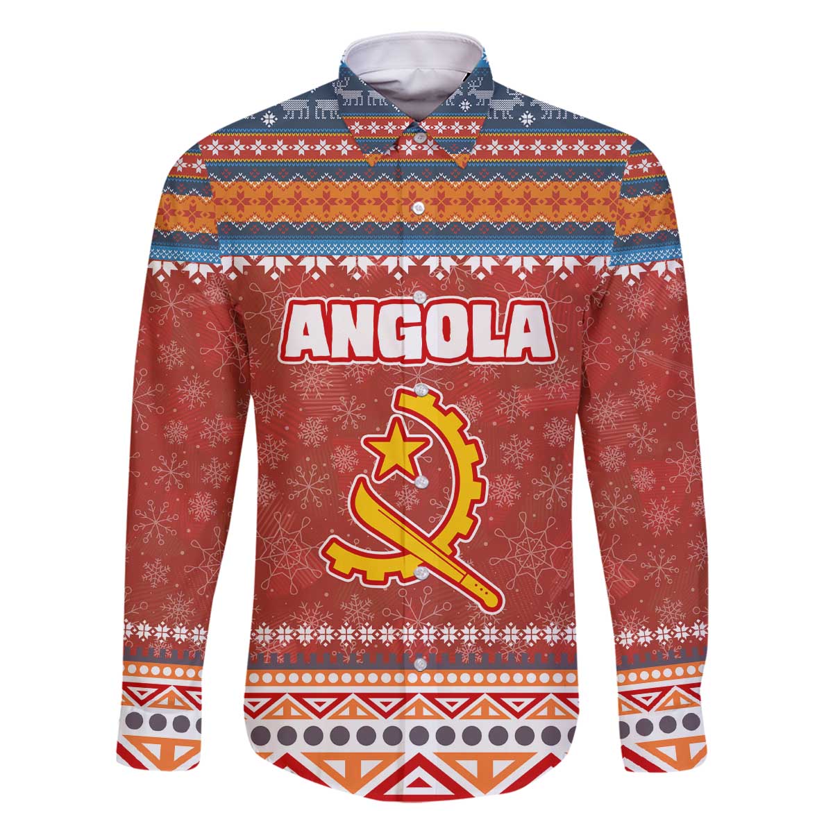 Angola Christmas Family Matching Off The Shoulder Long Sleeve Dress and Hawaiian Shirt with Red Snowflake Pattern Tribal Santa Claus Motif - Wonder Print Shop