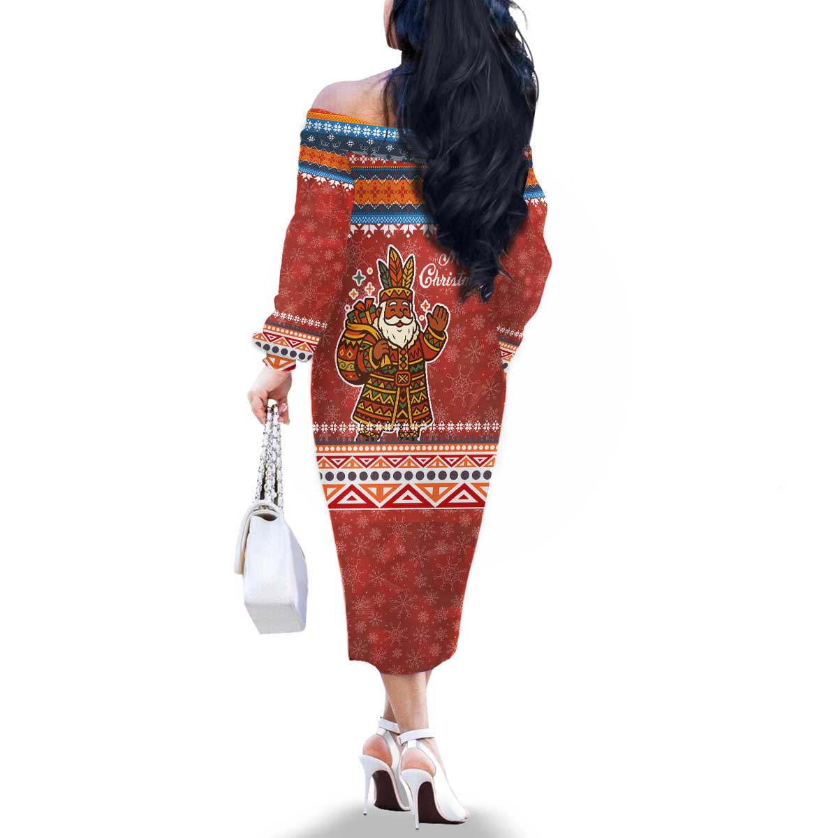 Angola Christmas Family Matching Off The Shoulder Long Sleeve Dress and Hawaiian Shirt with Red Snowflake Pattern Tribal Santa Claus Motif - Wonder Print Shop