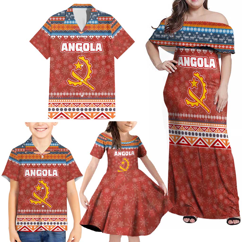 Angola Christmas Family Matching Off Shoulder Maxi Dress and Hawaiian Shirt with Red Snowflake Pattern Tribal Santa Claus Motif - Wonder Print Shop