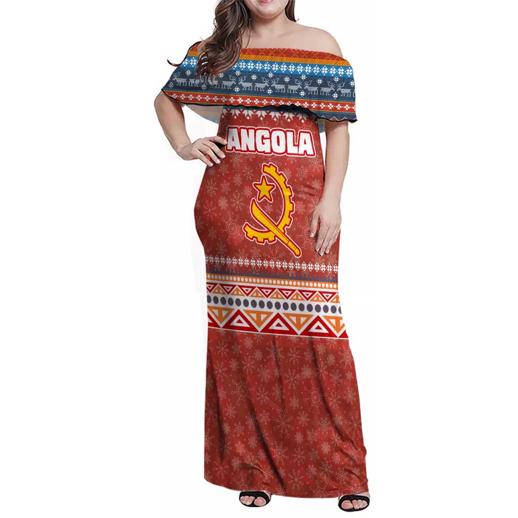 Angola Christmas Family Matching Off Shoulder Maxi Dress and Hawaiian Shirt with Red Snowflake Pattern Tribal Santa Claus Motif - Wonder Print Shop