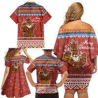 Angola Christmas Family Matching Off Shoulder Short Dress and Hawaiian Shirt with Red Snowflake Pattern Tribal Santa Claus Motif - Wonder Print Shop