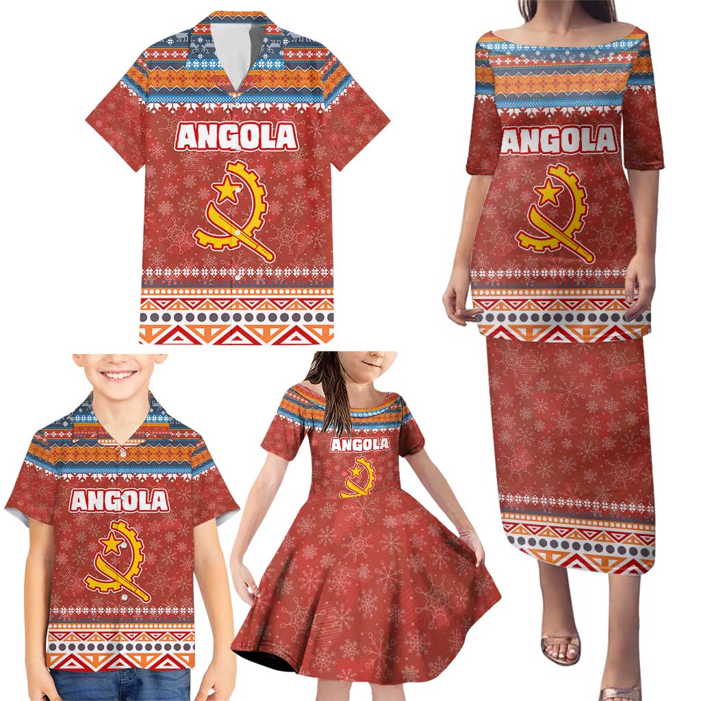 Angola Christmas Family Matching Puletasi and Hawaiian Shirt with Red Snowflake Pattern Tribal Santa Claus Motif - Wonder Print Shop