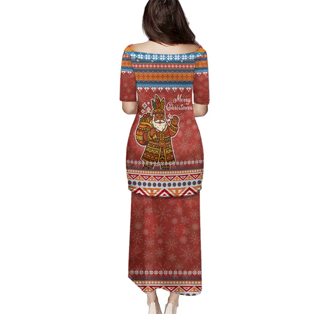 Angola Christmas Family Matching Puletasi and Hawaiian Shirt with Red Snowflake Pattern Tribal Santa Claus Motif - Wonder Print Shop