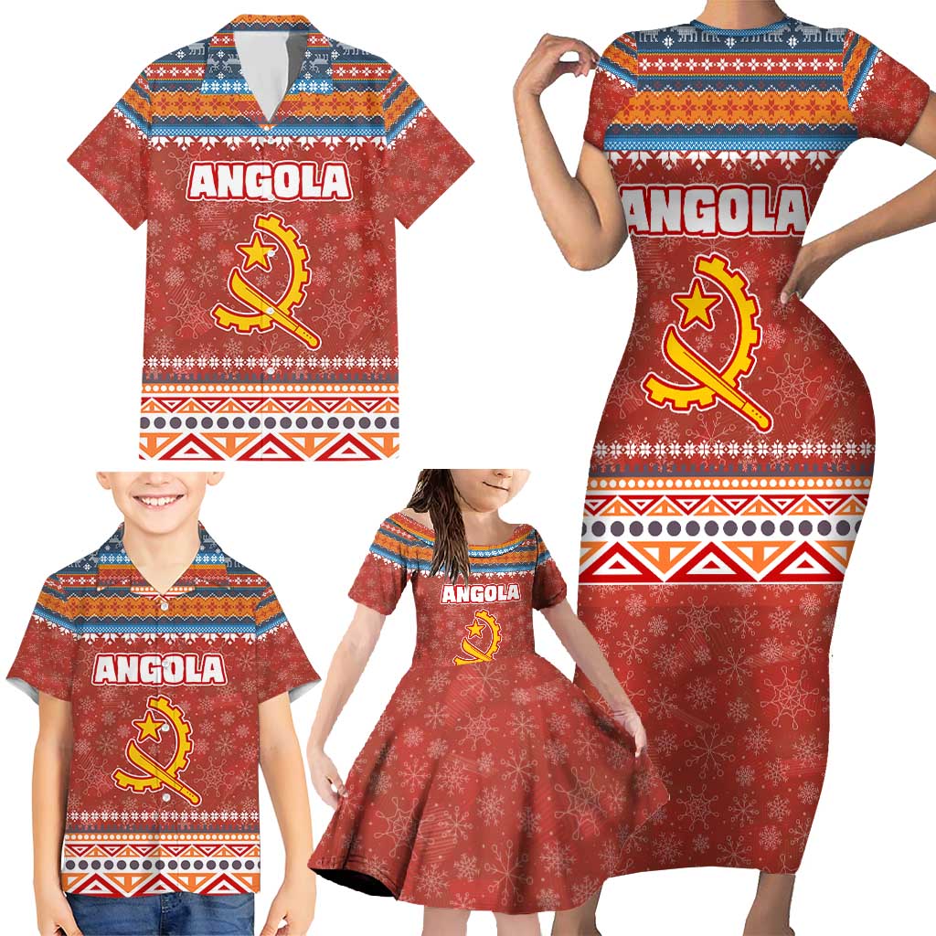 Angola Christmas Family Matching Short Sleeve Bodycon Dress and Hawaiian Shirt with Red Snowflake Pattern Tribal Santa Claus Motif - Wonder Print Shop
