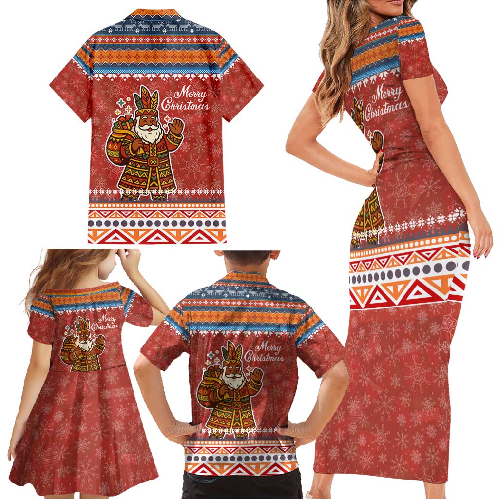 Angola Christmas Family Matching Short Sleeve Bodycon Dress and Hawaiian Shirt with Red Snowflake Pattern Tribal Santa Claus Motif - Wonder Print Shop