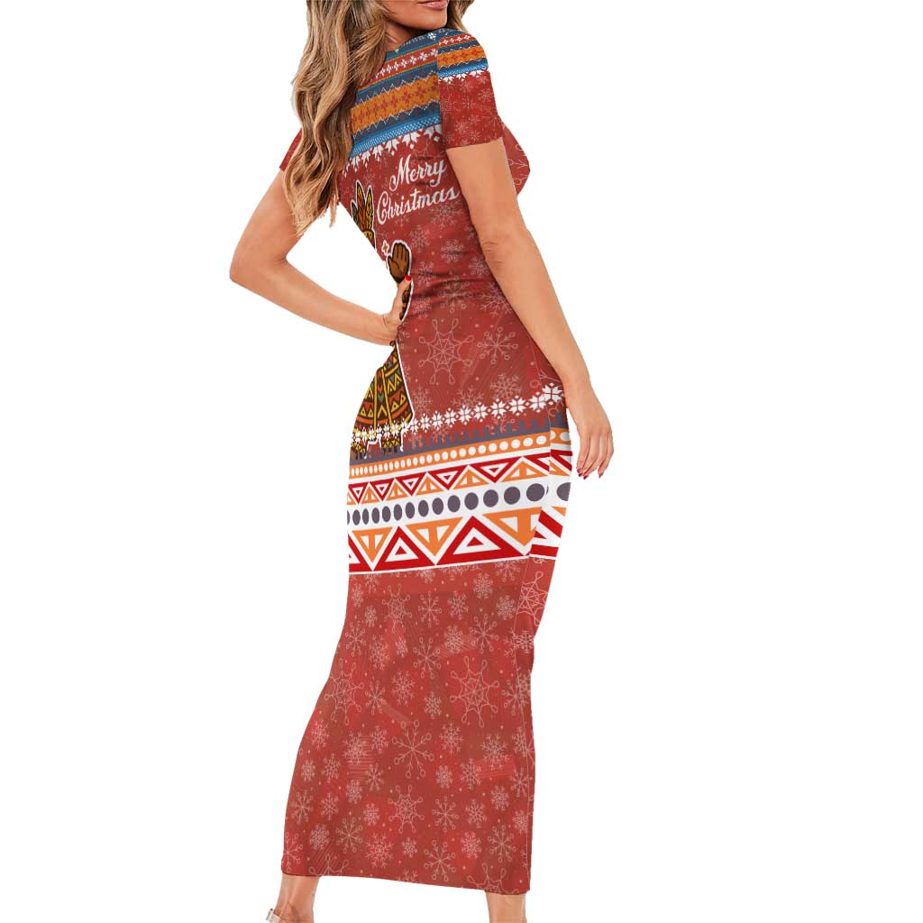 Angola Christmas Family Matching Short Sleeve Bodycon Dress and Hawaiian Shirt with Red Snowflake Pattern Tribal Santa Claus Motif - Wonder Print Shop