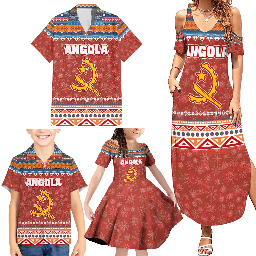 Angola Christmas Family Matching Summer Maxi Dress and Hawaiian Shirt with Red Snowflake Pattern Tribal Santa Claus Motif - Wonder Print Shop